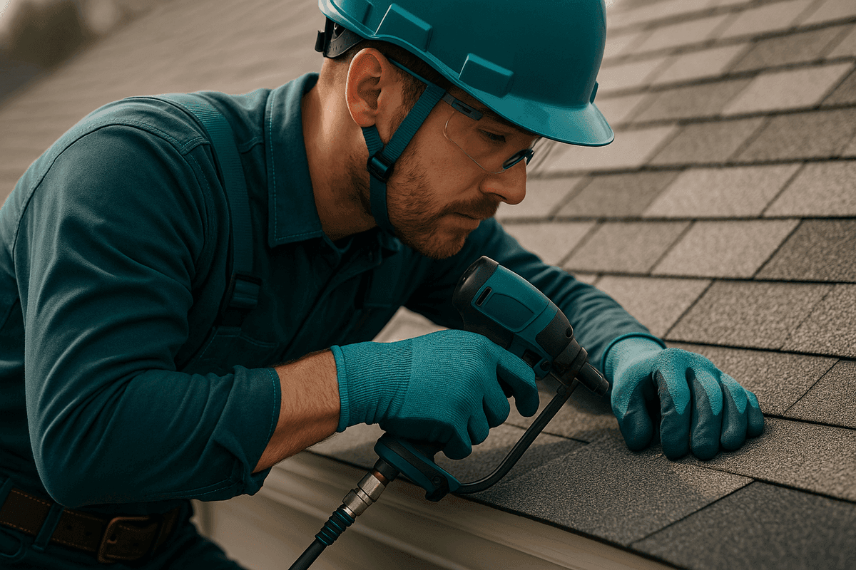 Close-up of roofer’s gloved hands fastening shingle on residential roof with safety helmet