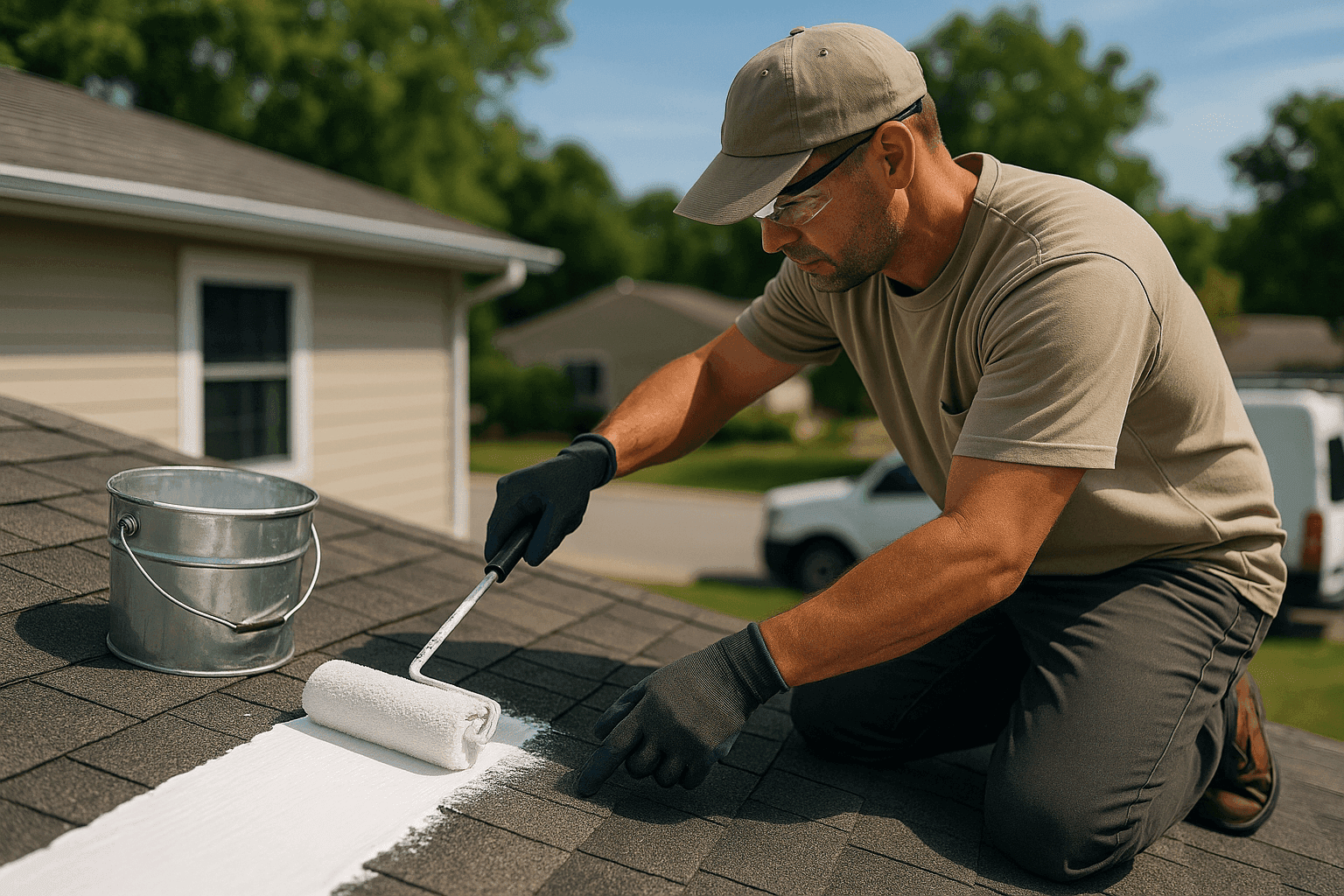Roofer applying roof sealant coating to extend roof lifespan
