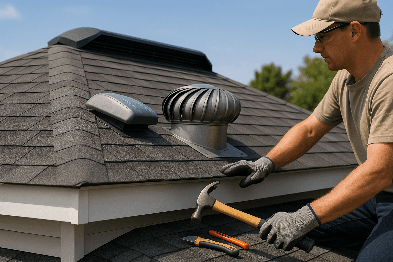 Close-up of roof ventilation systems on a residential home roof