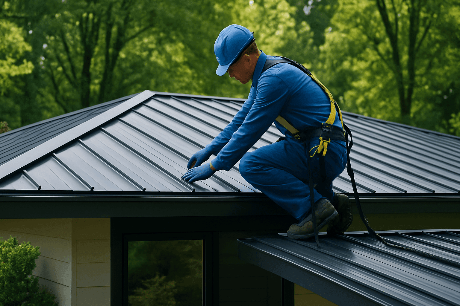 Technician installing eco-friendly metal roofing on modern home