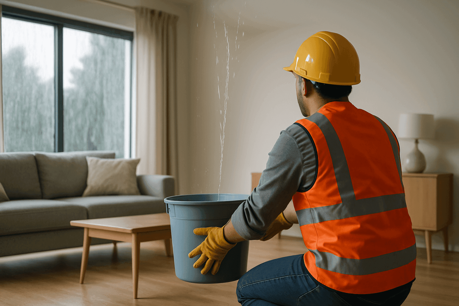 Homeowner placing bucket under active ceiling leak in living room during rainstorm