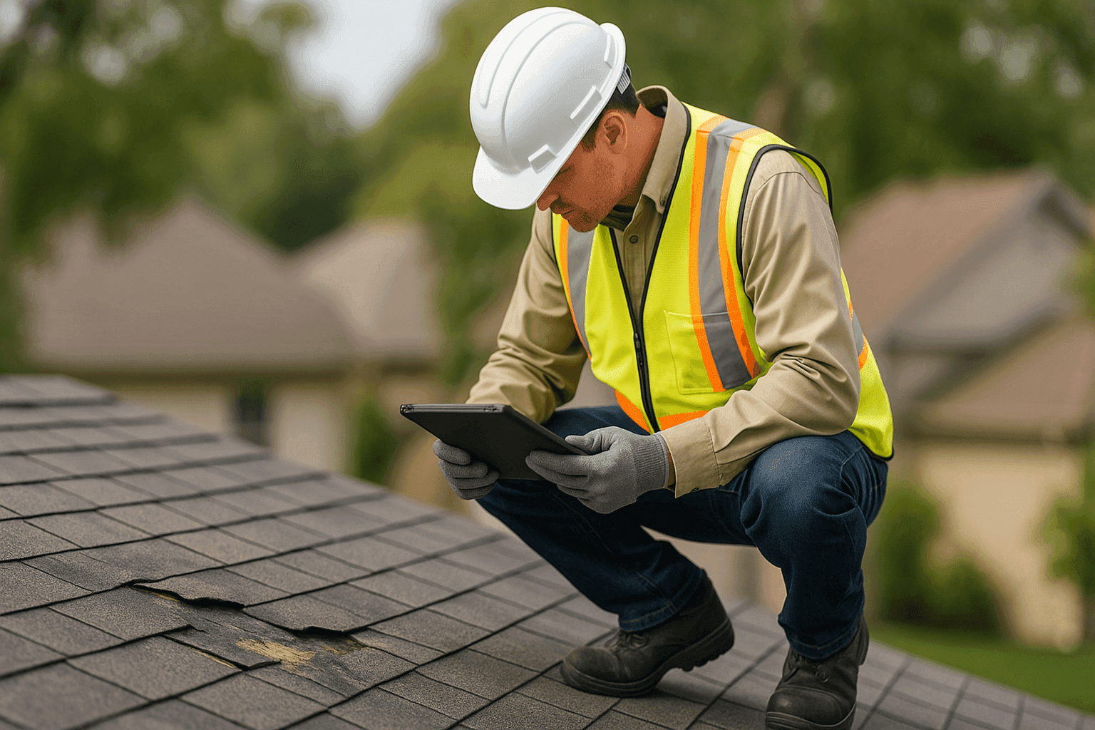 Roofing technician assessing storm-damaged residential roof with safety gear