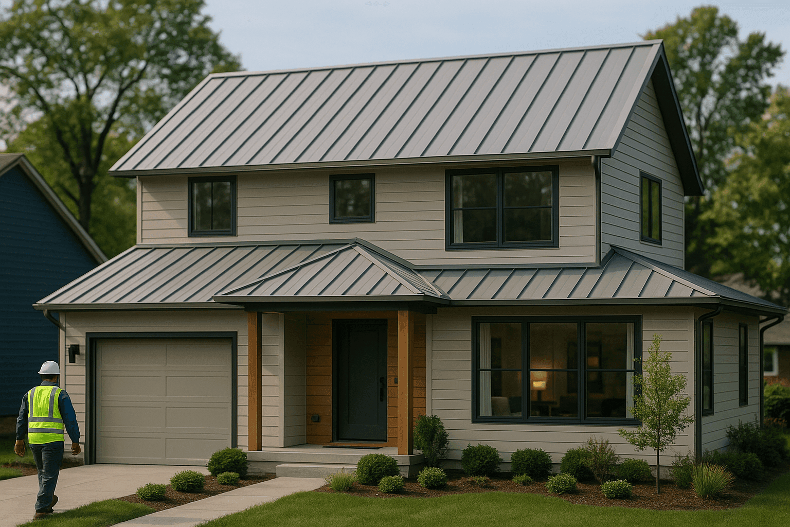 Modern residential home with new standing seam metal roof in a neutral color