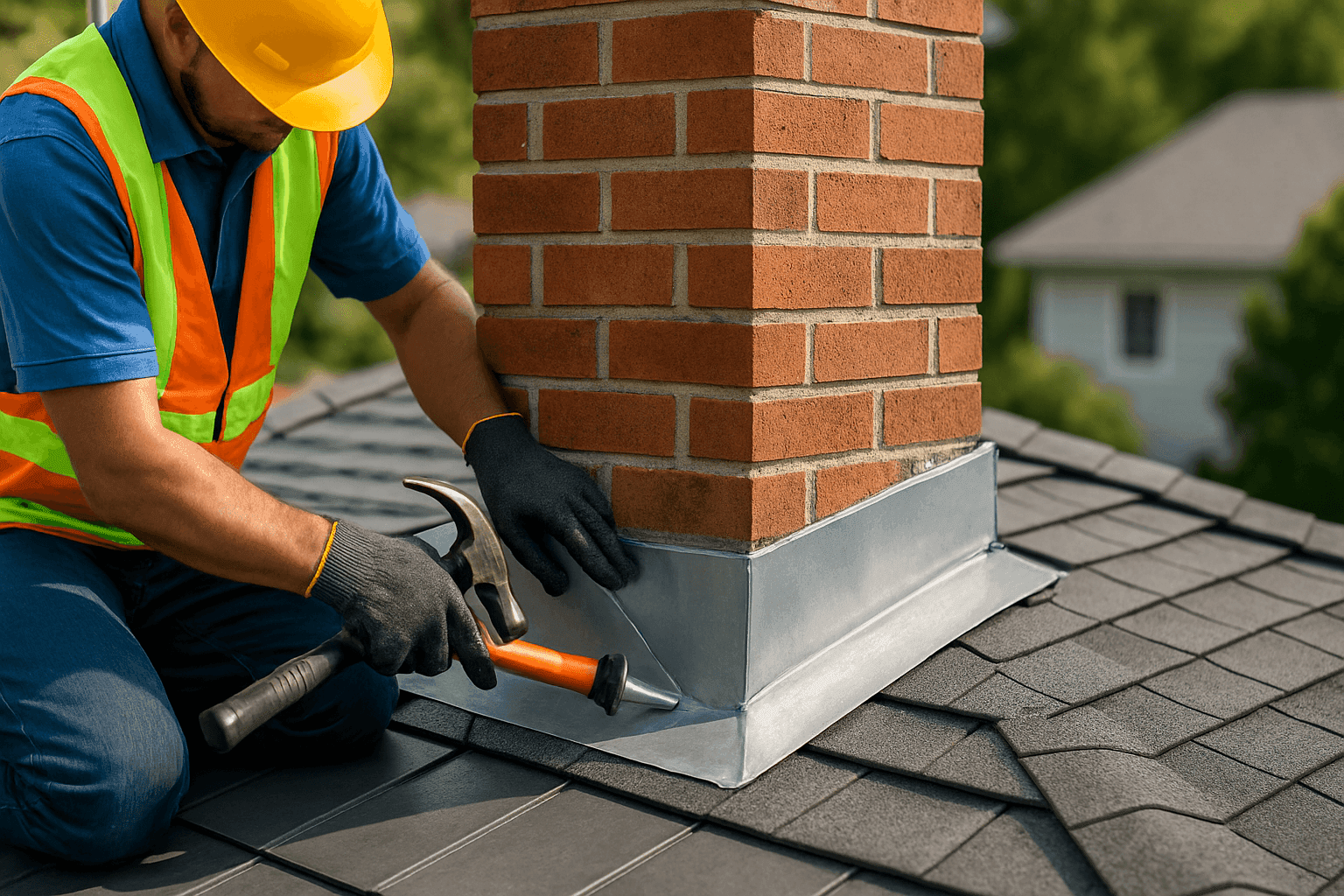Close-up of technician repairing roof flashing around chimney
