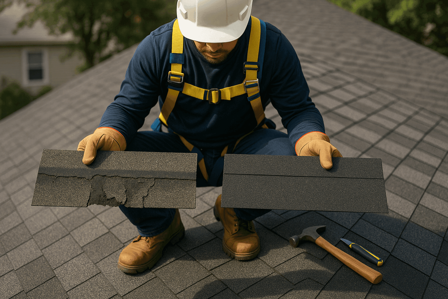Roofing technician comparing old damaged shingles with new replacement material on residential roof