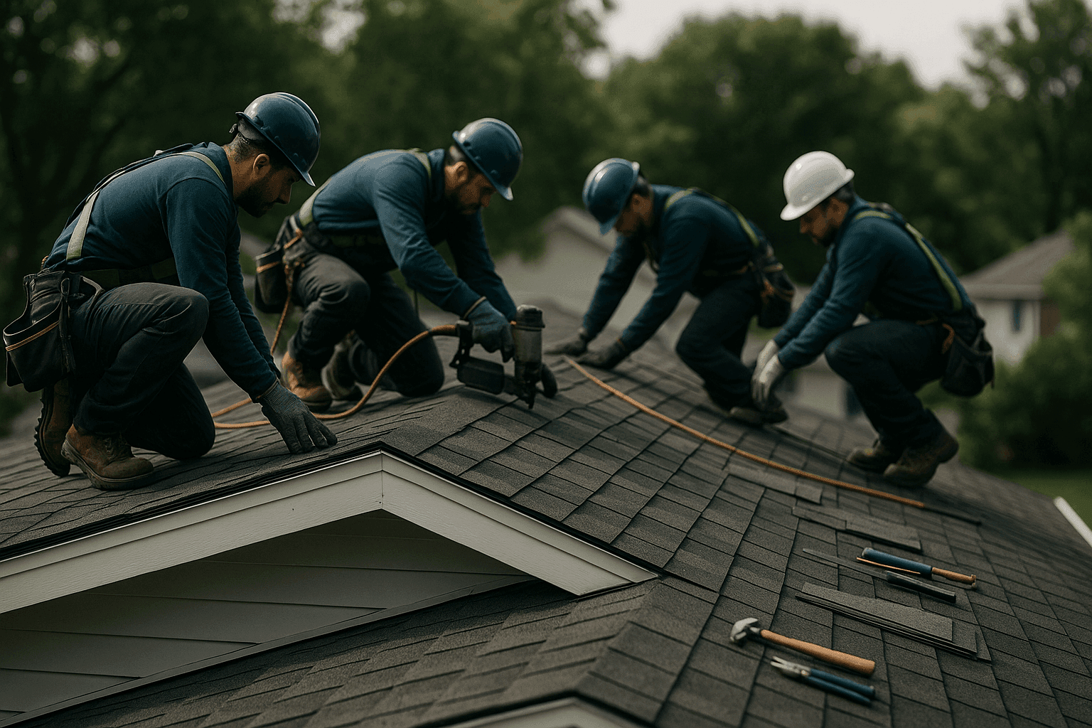 Wide shot of residential roofers installing new shingles on a detached house roof with safety equipment