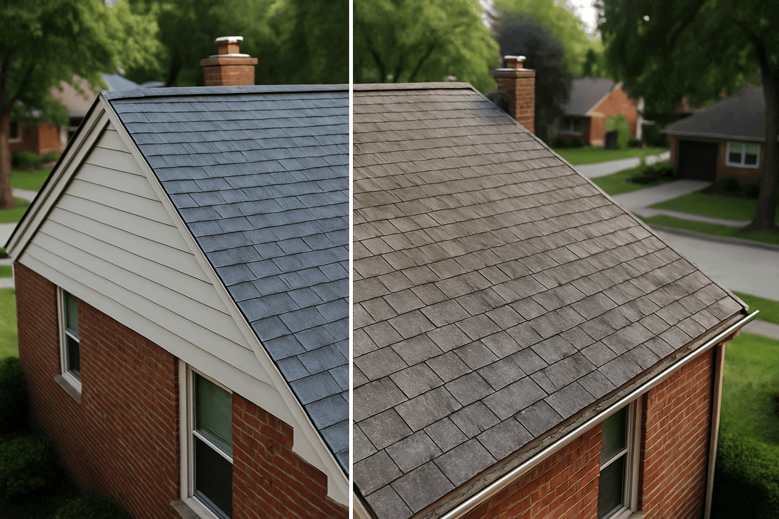 Side-by-side comparison of repaired and replaced roof sections on a home