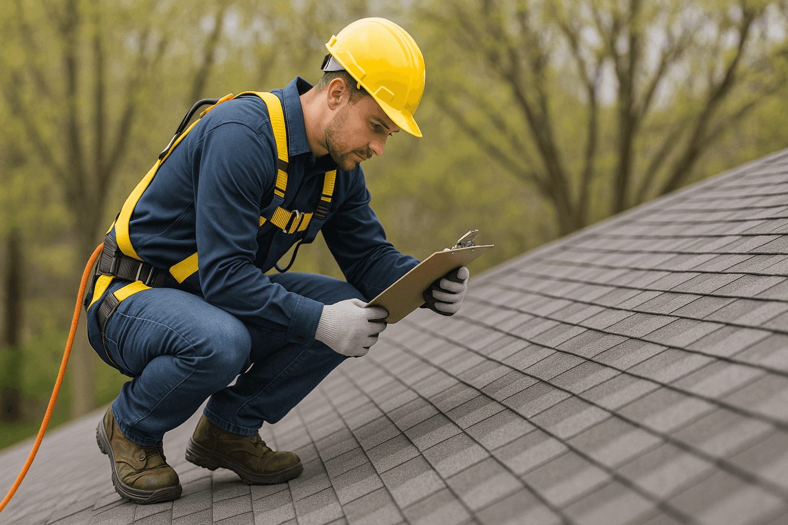 Professional roofer inspecting residential roof shingles with clipboard in early spring