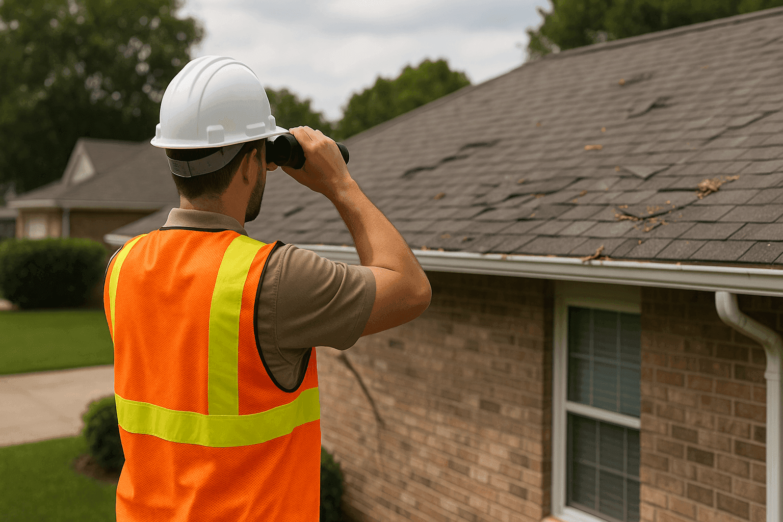 Propietario inspeccionando el techo residencial tras una tormenta severa, buscando daños visibles en las tejas