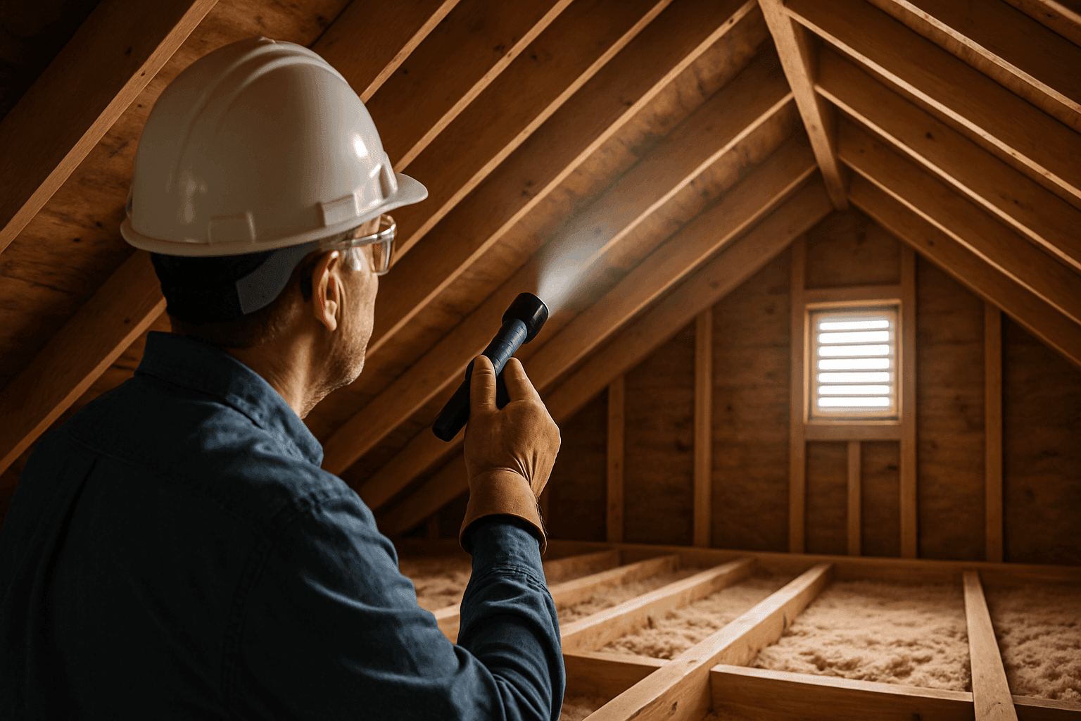 Homeowner checking attic for roof leaks using flashlight