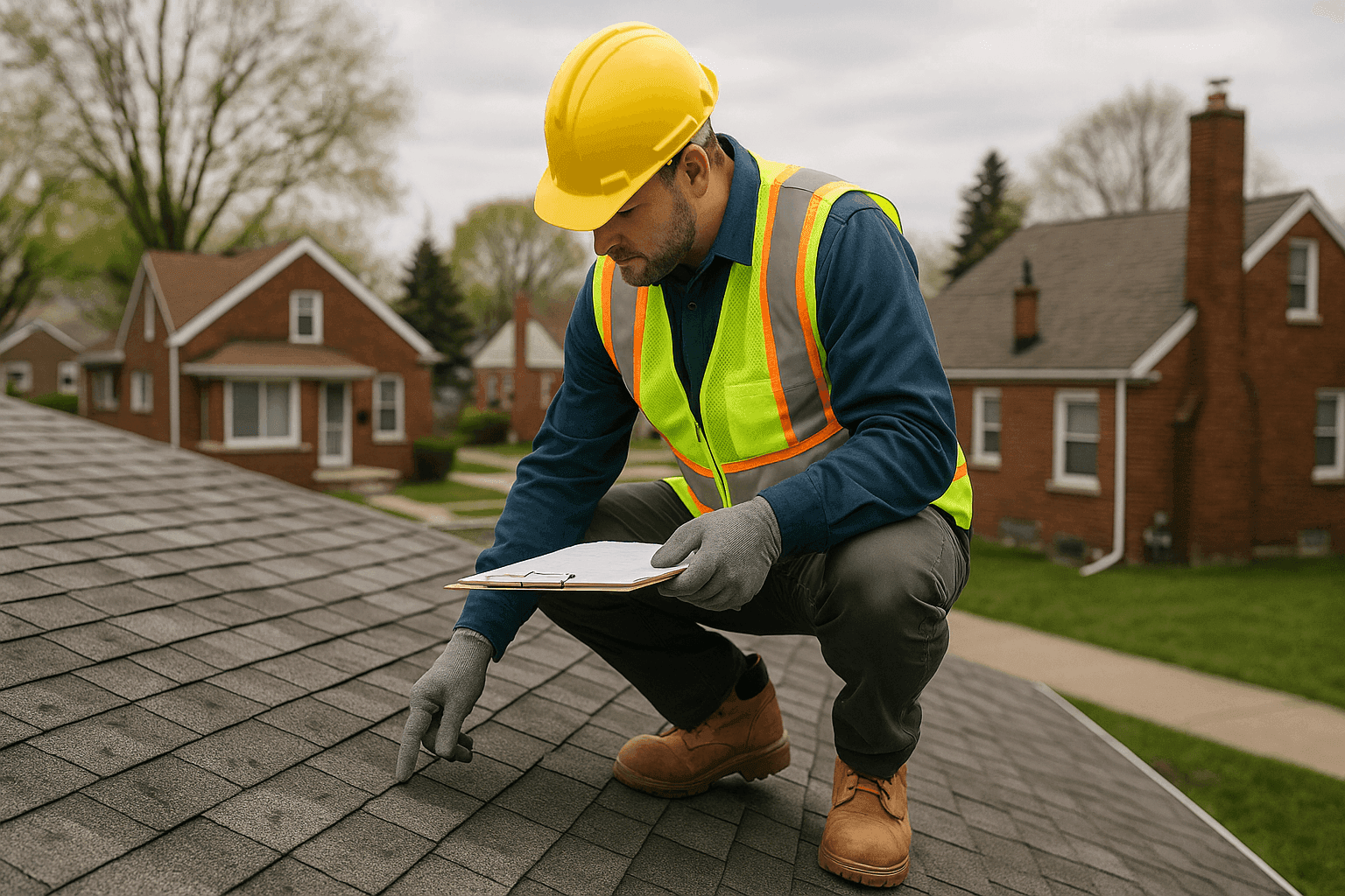 Technician assessing hail-damaged residential roof after storm